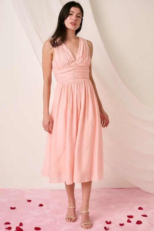 Ruched V-Neck Sleeveless Midi Dress in Blush - product view 5