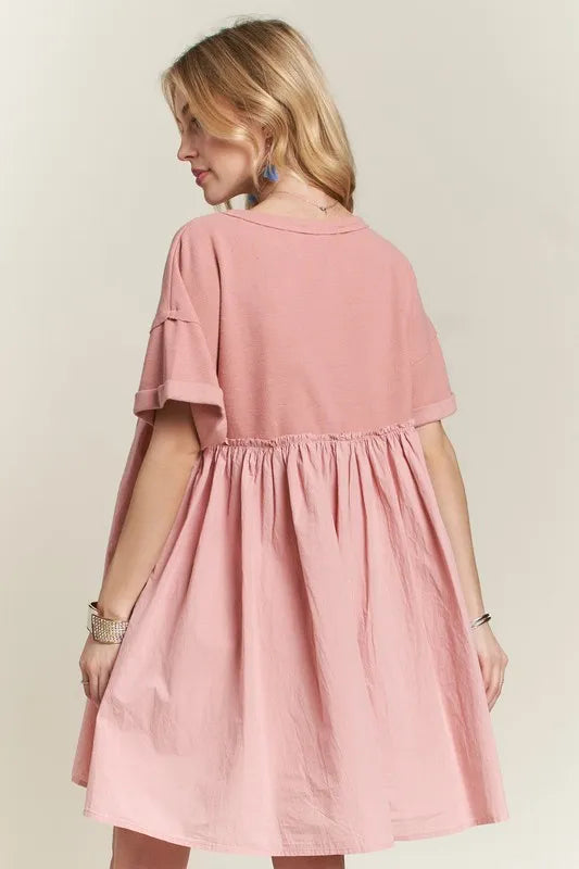 Round Neck Half Sleeve Babydoll Dress in Dusty Pink - product view 5