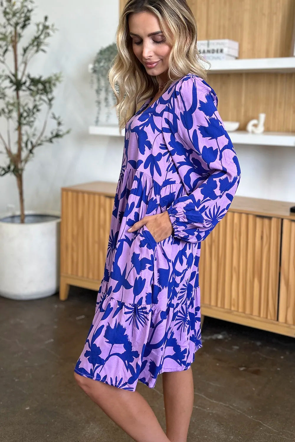Full Size Printed Ruffle Hem Dress with Pocket in Dark Green, Lavender and more - product view 20