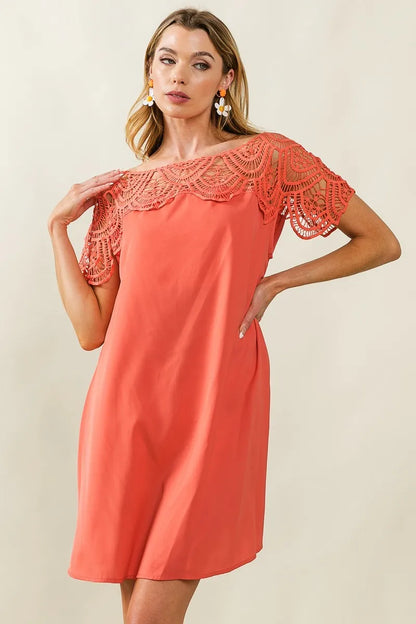 Crochet Lace Yoke Detailed Wrinkled Dress - Apricot - product view 6