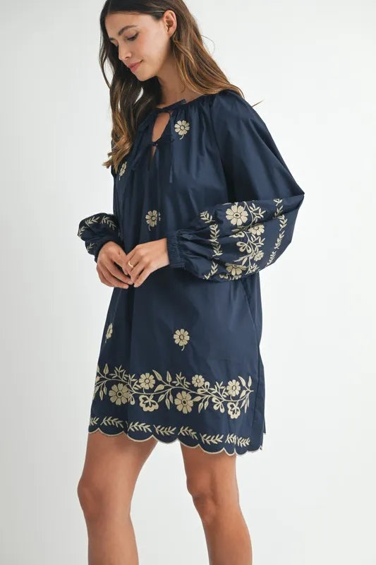 Embroidered Long Sleeve Peasant Mini Dress in Navy - product view 5