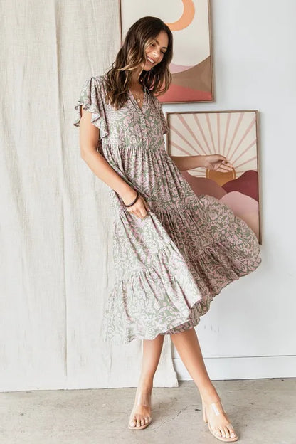Abstract Print Ruffle Tier Midi Dress - Sage - product view 2