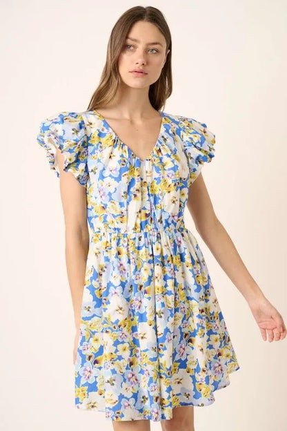 Floral V-Neck Cap Sleeve Mini Dress in Blue - product view 5