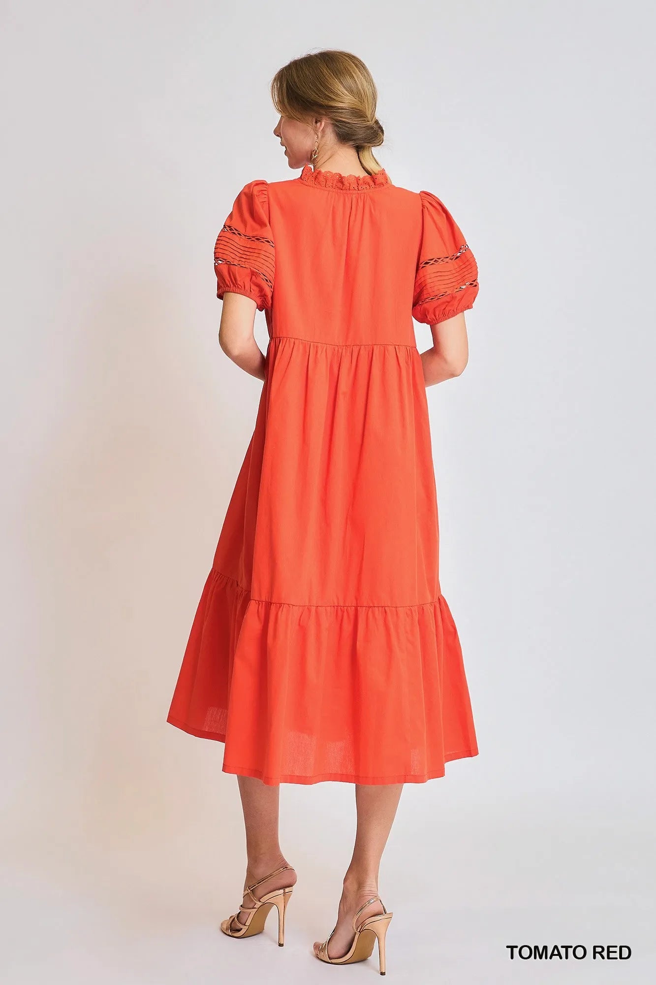 Short Sleeve Lace-Trim Ruffled Midi Dress in Tomato Red - product view 3