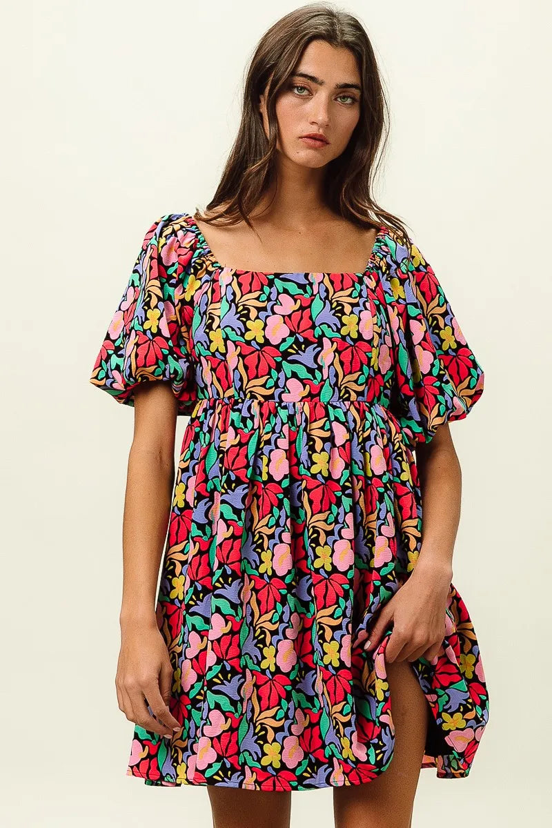 Floral Print Puff Square Neck Dress in Black Multi - product view 4