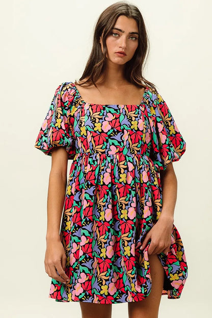 Floral Print Puff Square Neck Dress in Black Multi - product view 4