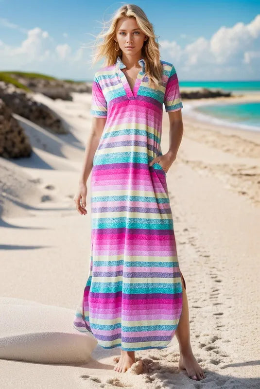 Full Size Striped Short Sleeve Maxi Tee Dress Plus Size in Pink Multi - product view 3