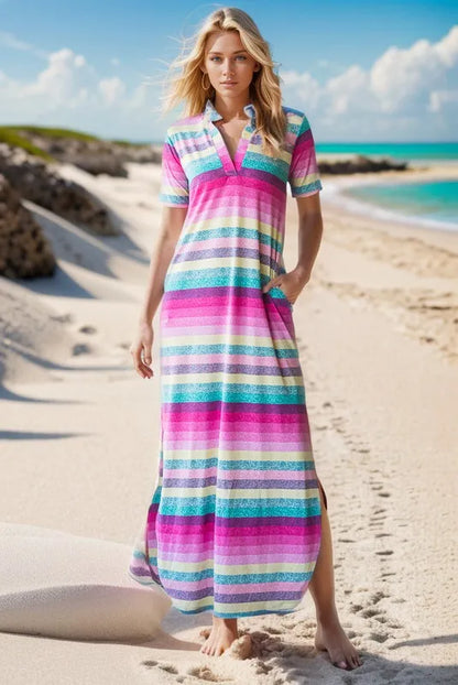 Full Size Striped Short Sleeve Maxi Tee Dress Plus Size in Pink Multi - product view 3