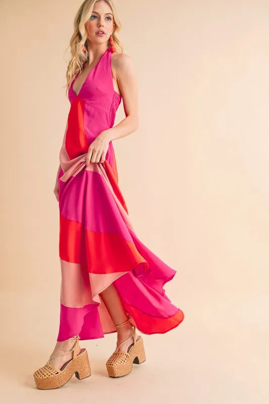 Color Block Sleeveless Maxi Dress in Pink Combo - product view 13
