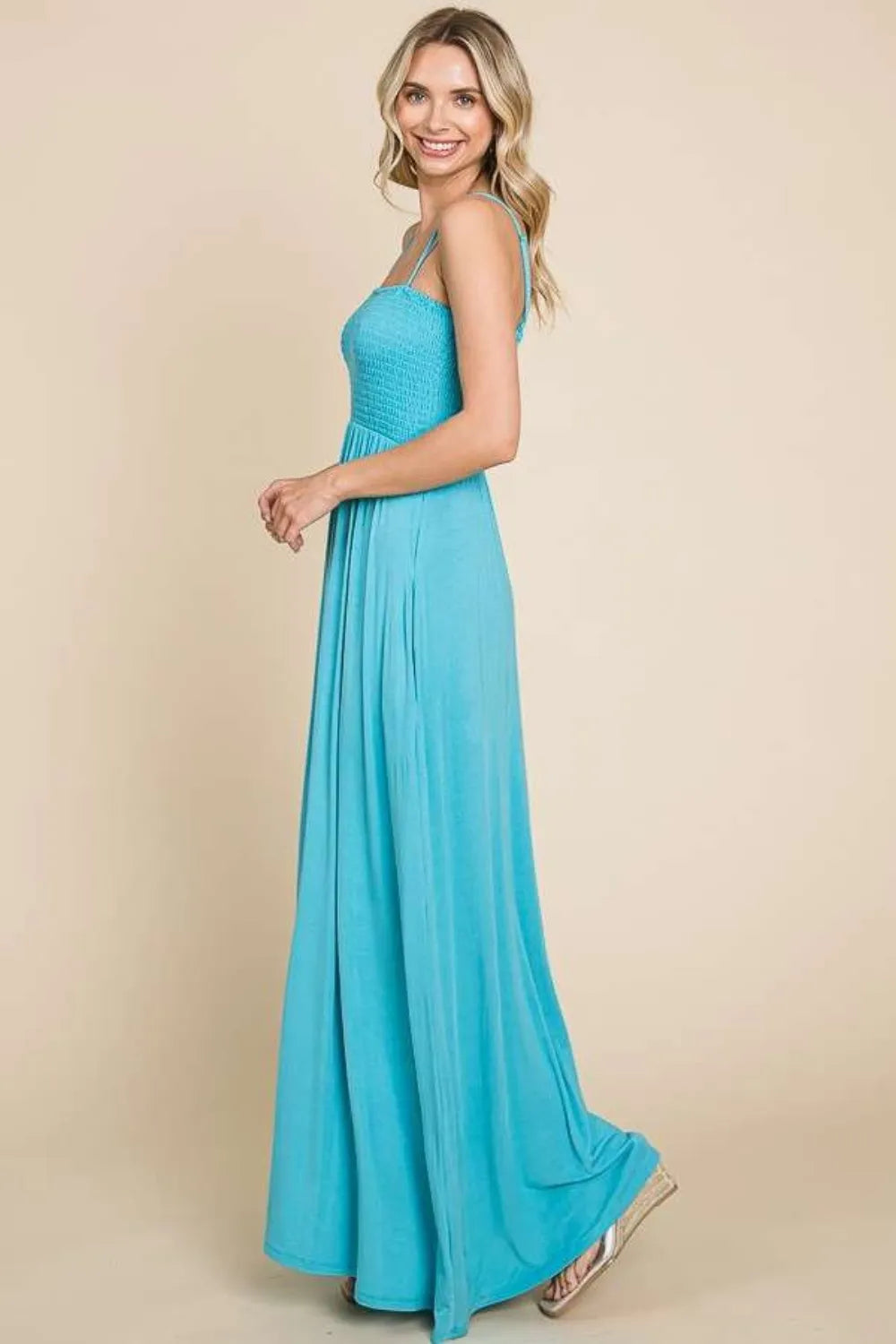 Full Size Smocked Cami Maxi Dress with Pockets - Pastel Teal - product view 3