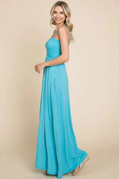 Full Size Smocked Cami Maxi Dress with Pockets - Pastel Teal - product view 3