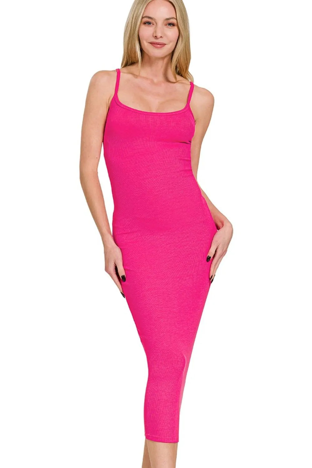 Ribbed Bodycon Midi Dress - Hot Pink - product view 1