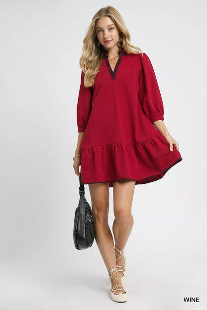 French Terry Ruffle Hem Dress with Plaid Trim - Wine - product view 3