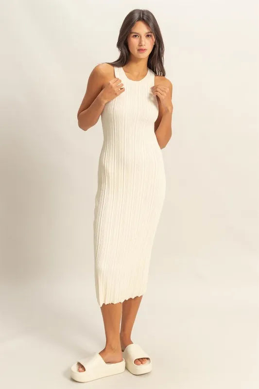 Round Neck Bodycon Ribbed Knit Dress - White - product view 4