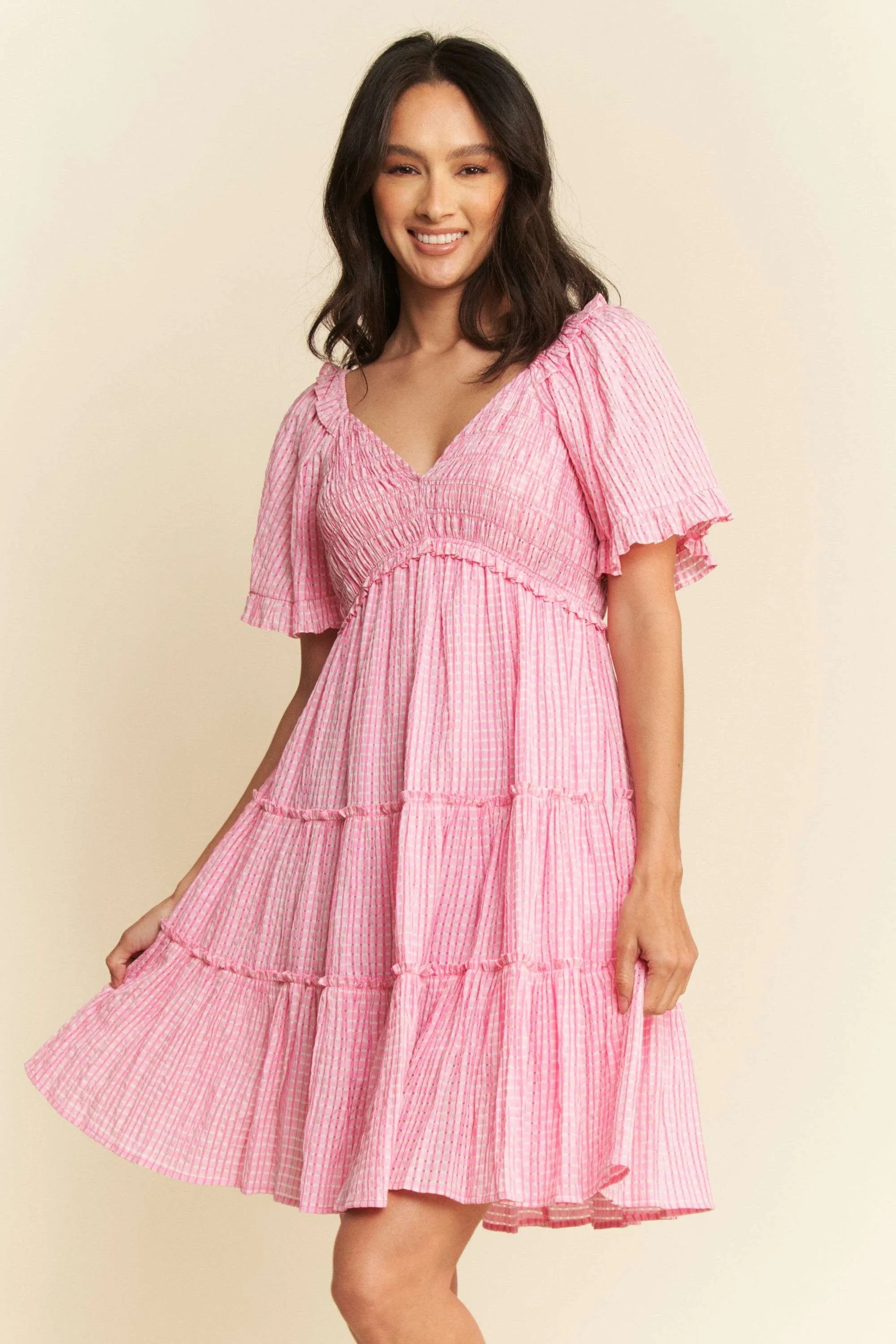 Jacquard Checker Smocking Tiered Dress - Barbie Pink - product view 1