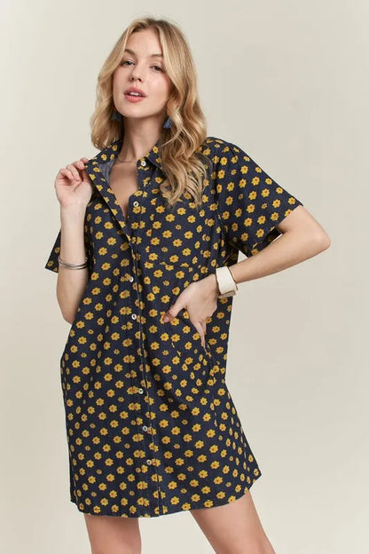 Floral Button-Up Mini Denim Dress in Dark - product view 1