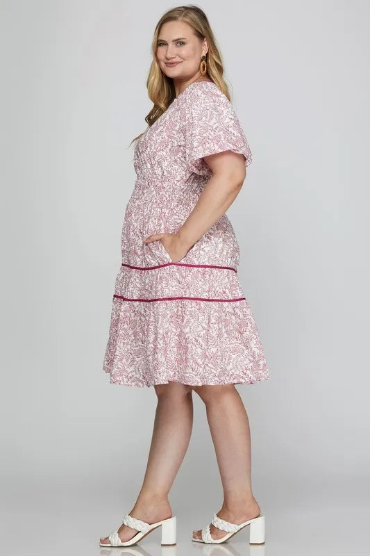 Full Size Printed V-Neck Puff Sleeve Tiered Dress Plus Size - Berry - product view 5