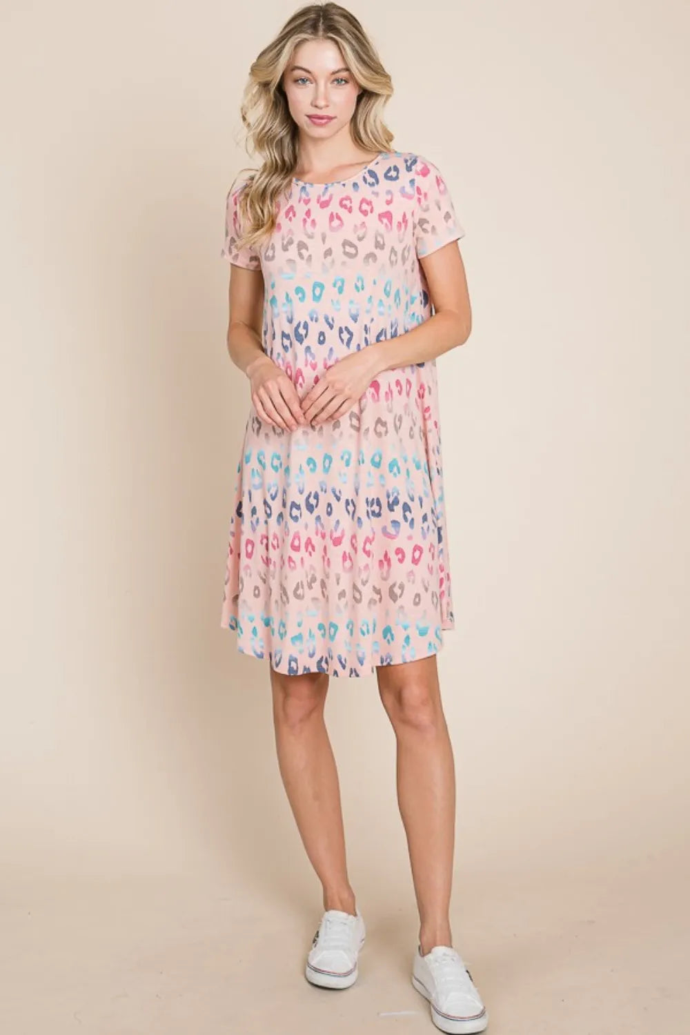 Leopard Round Neck Short Sleeve Dress in Blush - product view 5