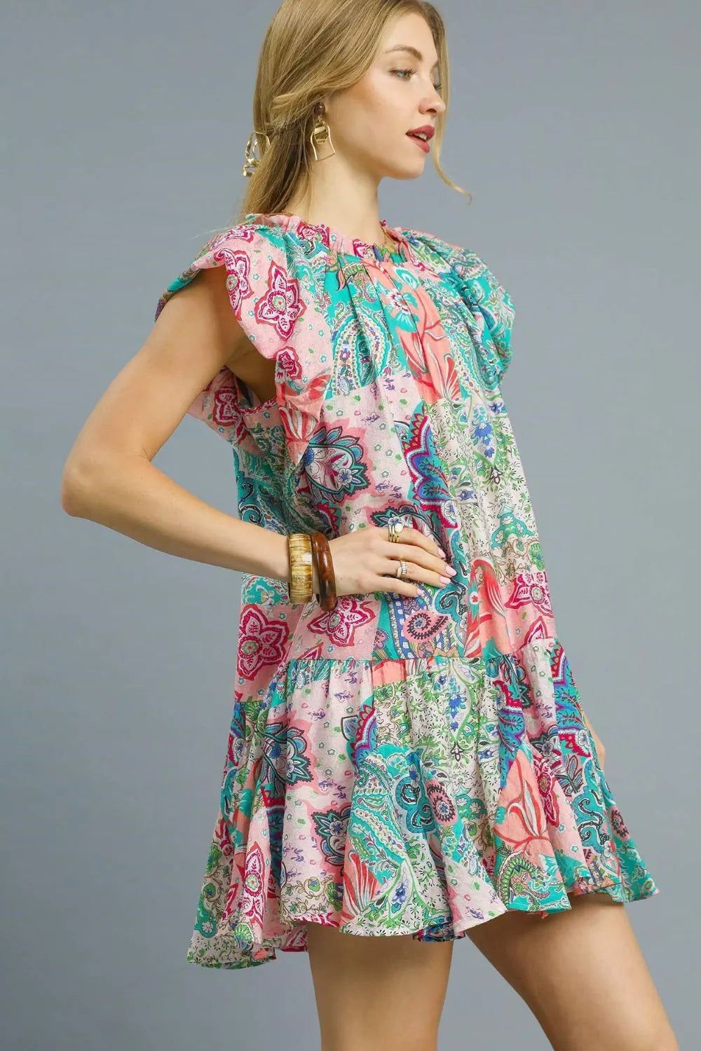 Printed Ruffle Cap Sleeve Mini Dress - Blush Pink - product view 2