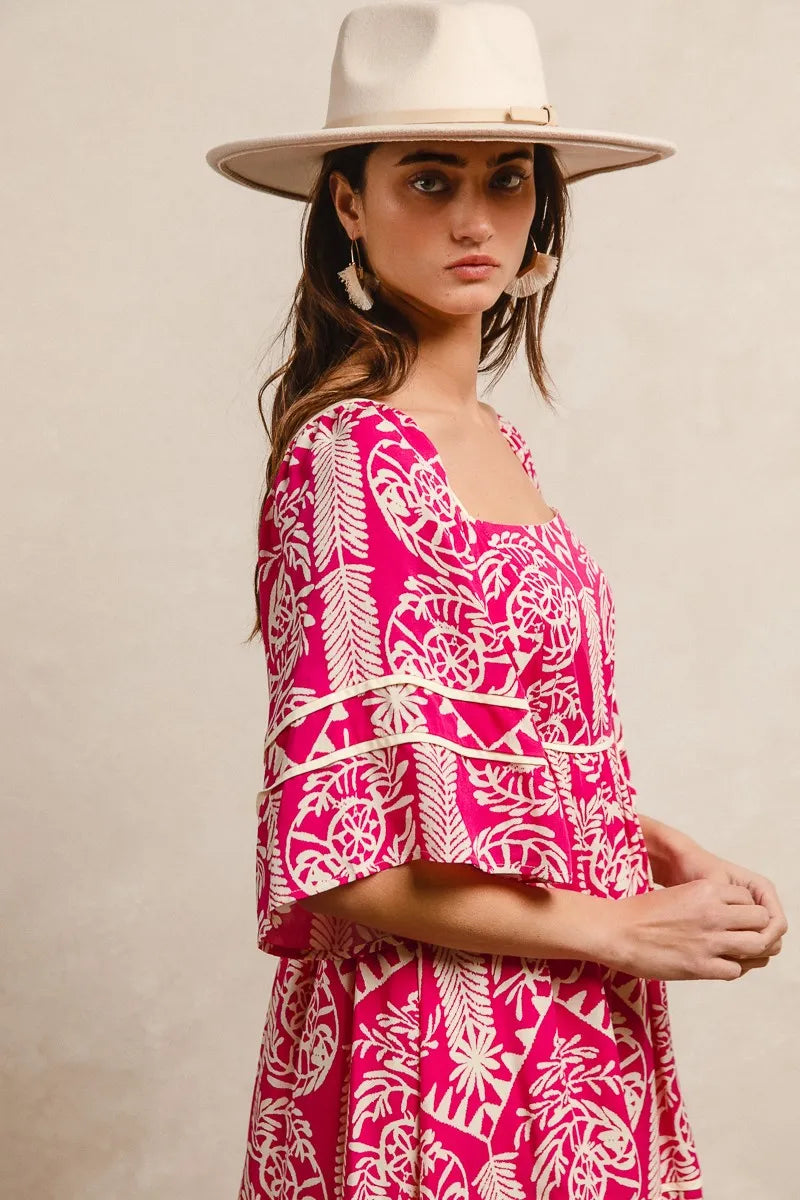 Aztec Woven Printed Contrast Binding Dress in Fuchsia - product view 12