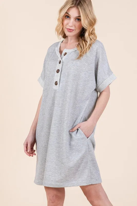 Casual Contrast Trim Henley Dress - Grey - product view 4
