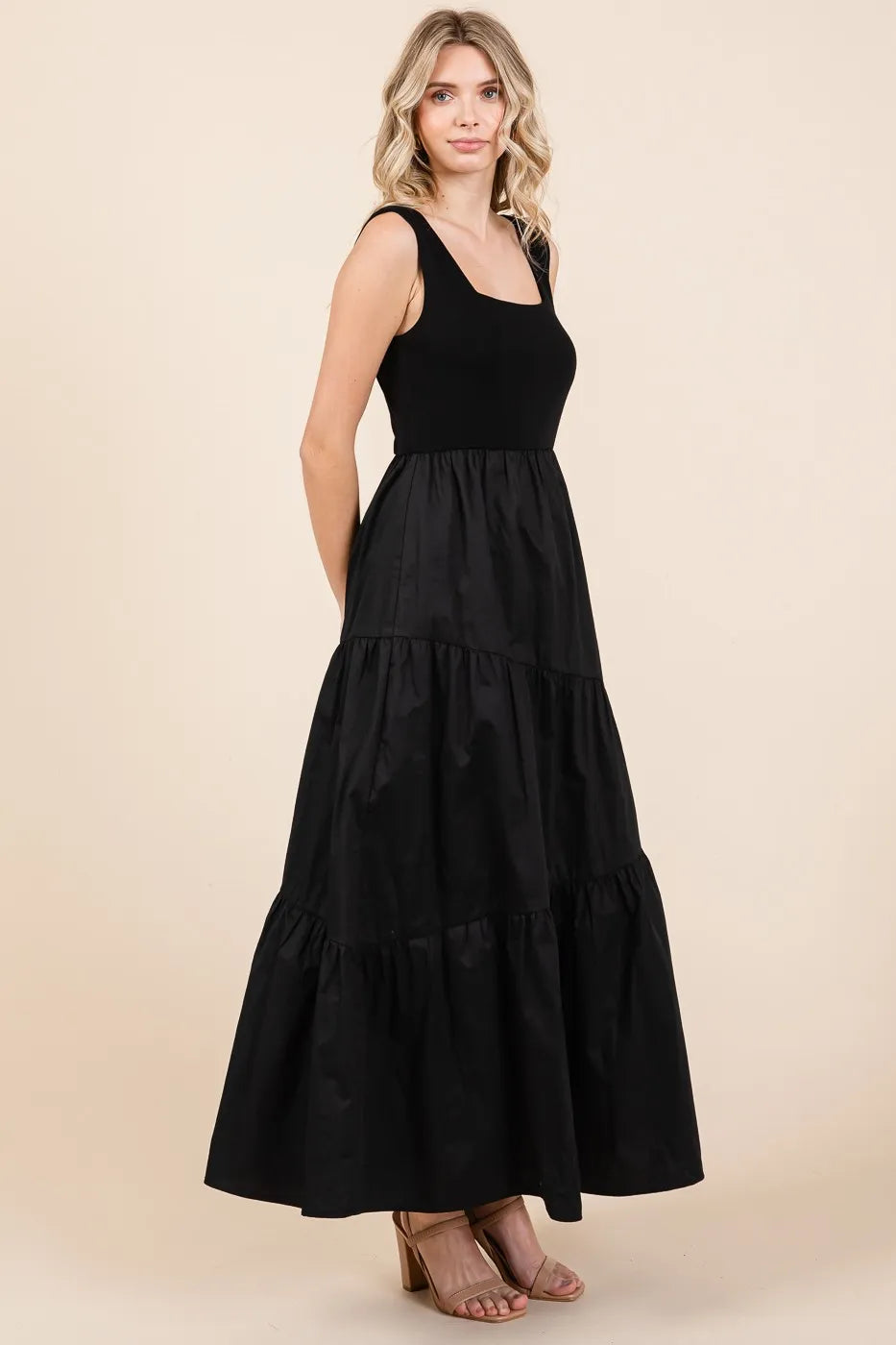 Mix Media Square Neck Maxi Dress in Black - product view 3