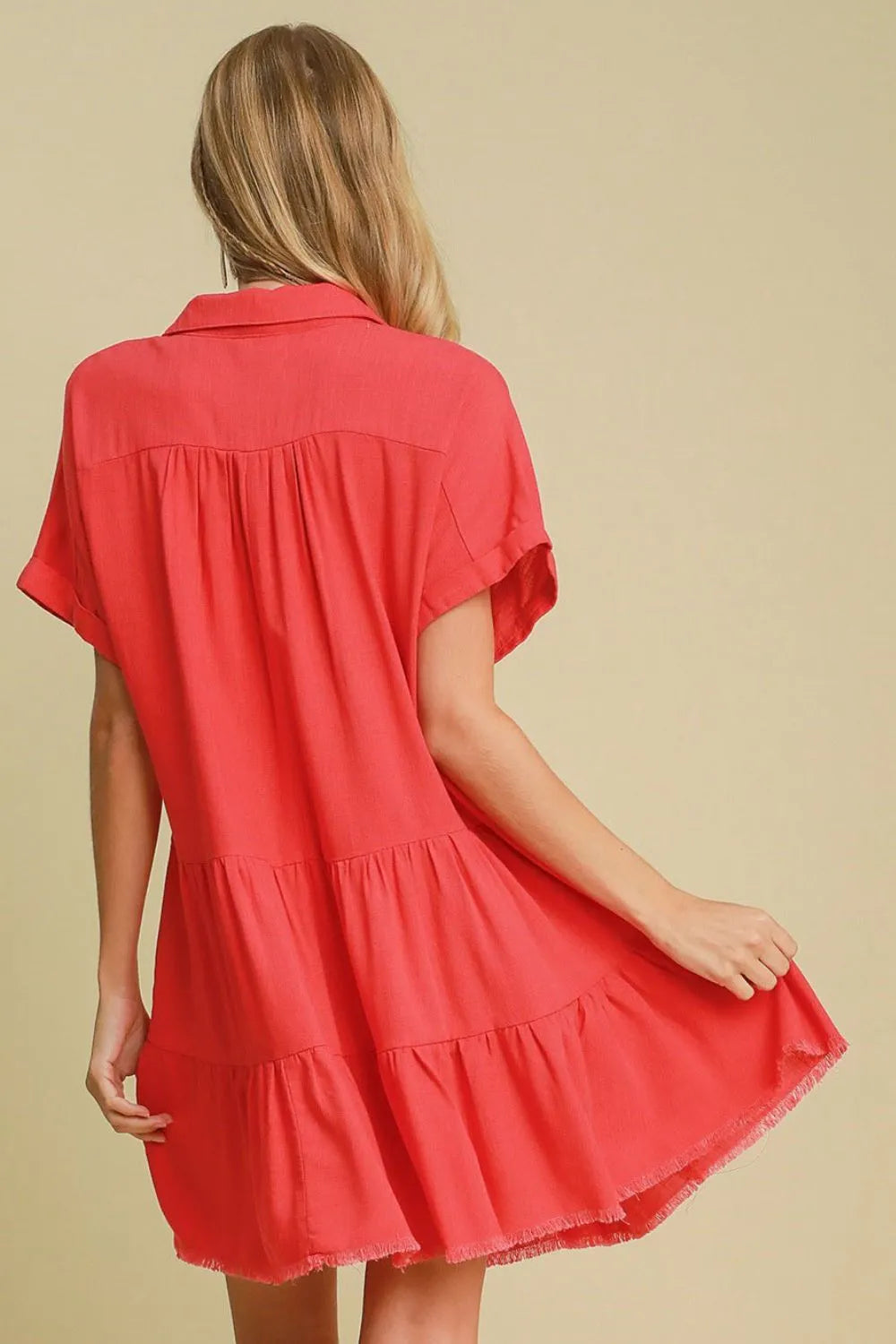 Full Size Raw Hem Folded Sleeve Tiered Dress Plus Size - Strawberry - product view 2