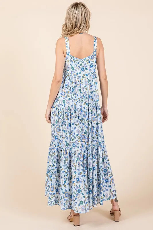 Flower Print Tiered Sleeveless Empire Maxi Dress in Sky Blue - product view 5