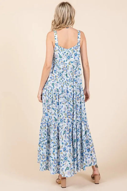Flower Print Tiered Sleeveless Empire Maxi Dress in Sky Blue - product view 5