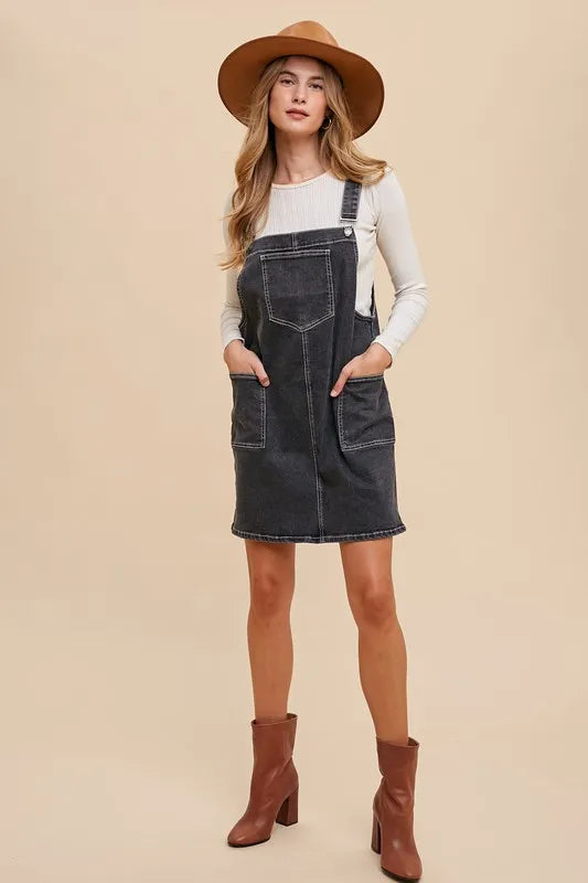 Wide Strap Denim Overall Dress with Pockets - Black - product view 5