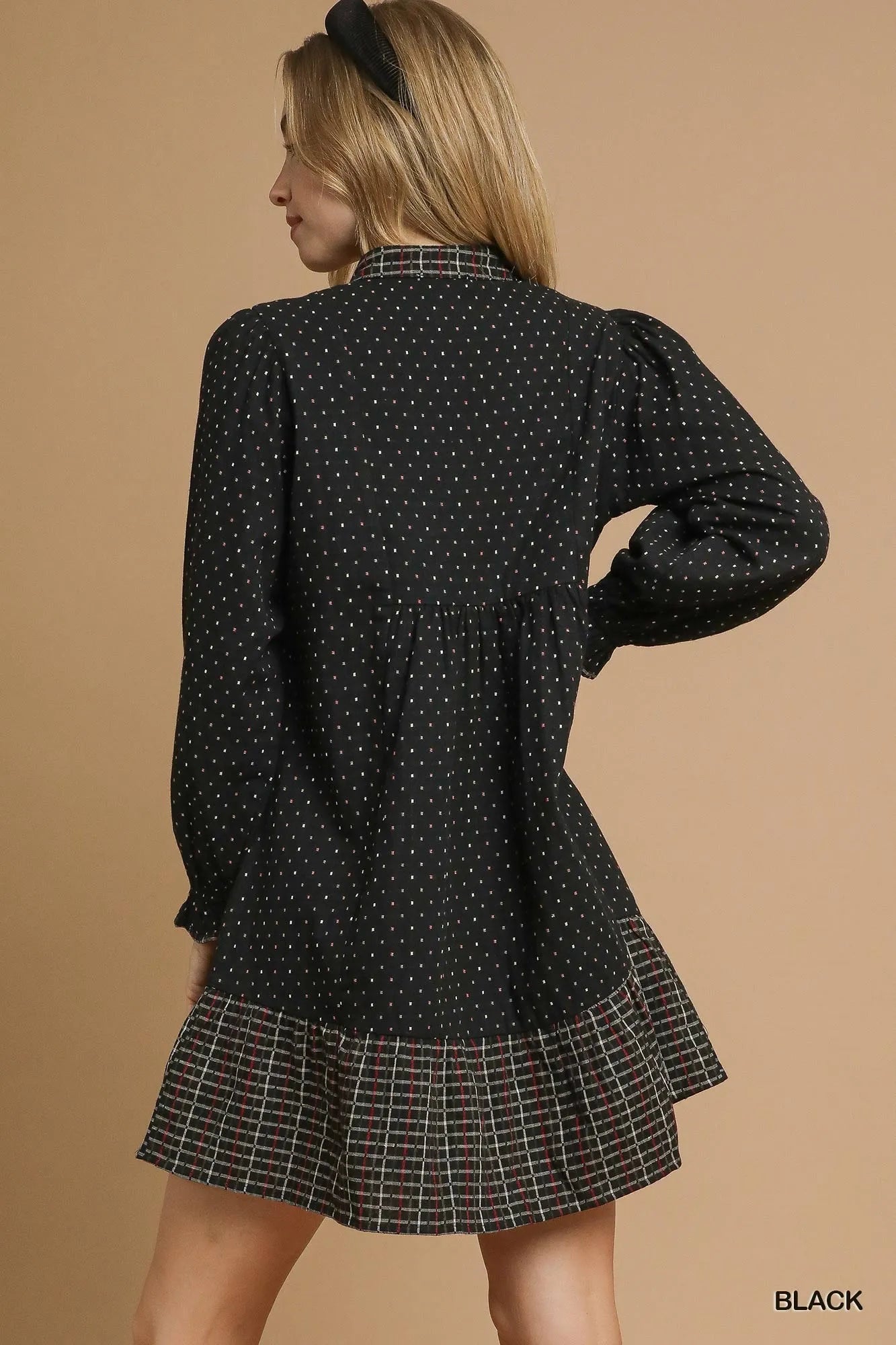 Polka Dot Plaid Trim Babydoll Dress in Black - product view 4