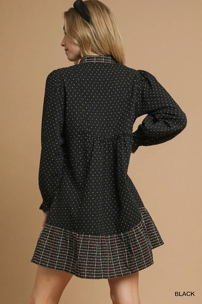 Polka Dot Plaid Trim Babydoll Dress in Black - product view 4