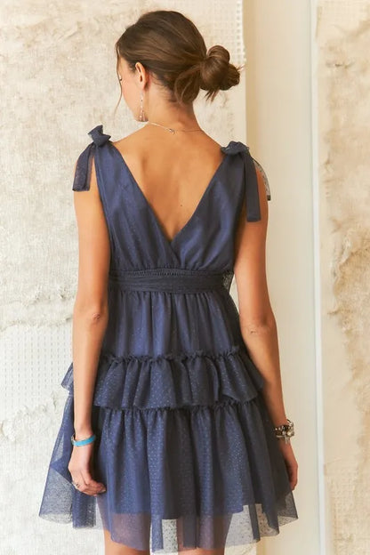 Tie Shoulder Polka Dot Mesh Dress in Dark Navy - product view 6