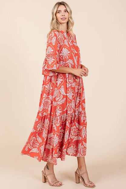 Abstract Leaf Print Tiered Ruffle Dress in Orange-Red - product view 4