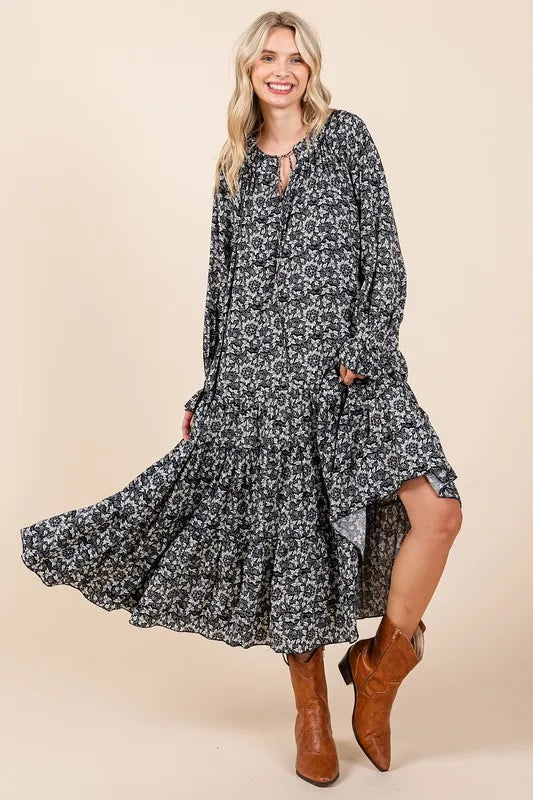 Printed Tie Neck Flounce Sleeve Midi Dress in Dark Navy - product view 5