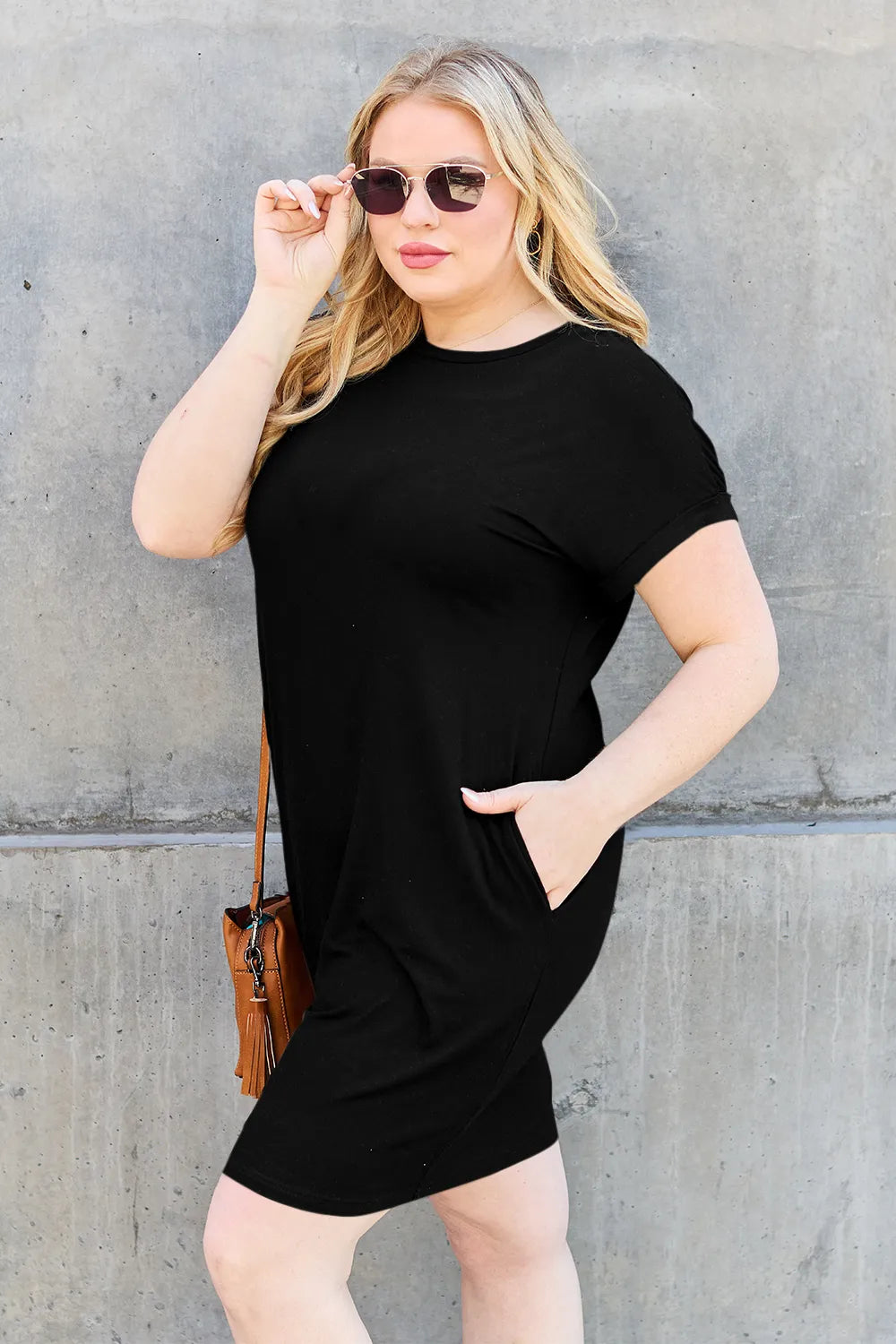 Bamboo Full Size Round Neck Short Sleeve Dress with Pockets in Black - product view 5