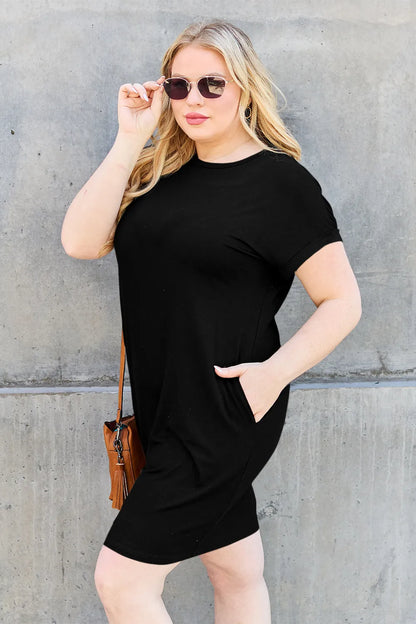 Bamboo Full Size Round Neck Short Sleeve Dress with Pockets in Black - product view 5