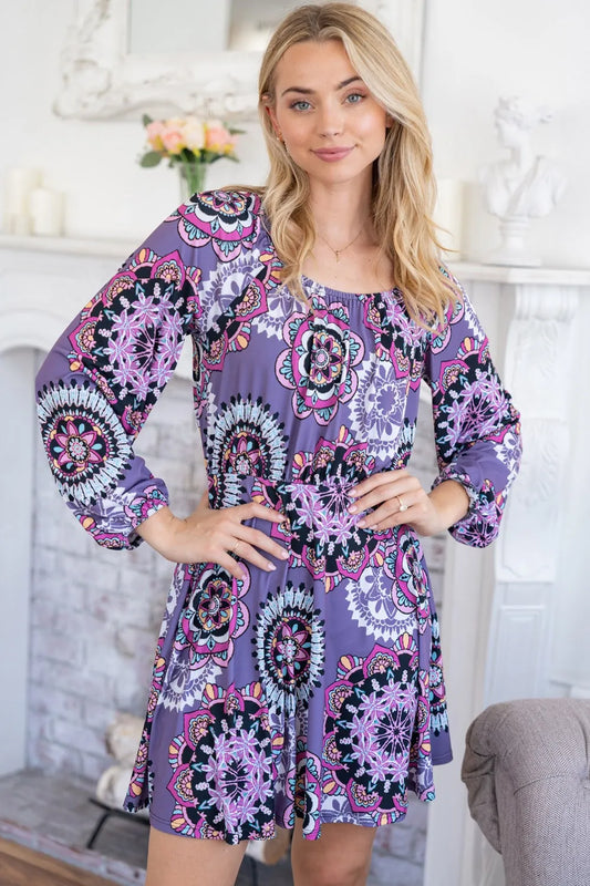 Printed Long Sleeve Mini Dress with Short Liner in Purple - product view 1