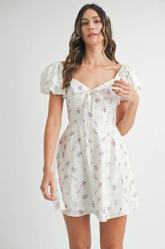Floral Print Puff Sleeve Mini Dress - Off White - product view 2