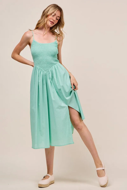Smocked Sleeveless Casual Everyday Dress With Slit - Sage - product view 2