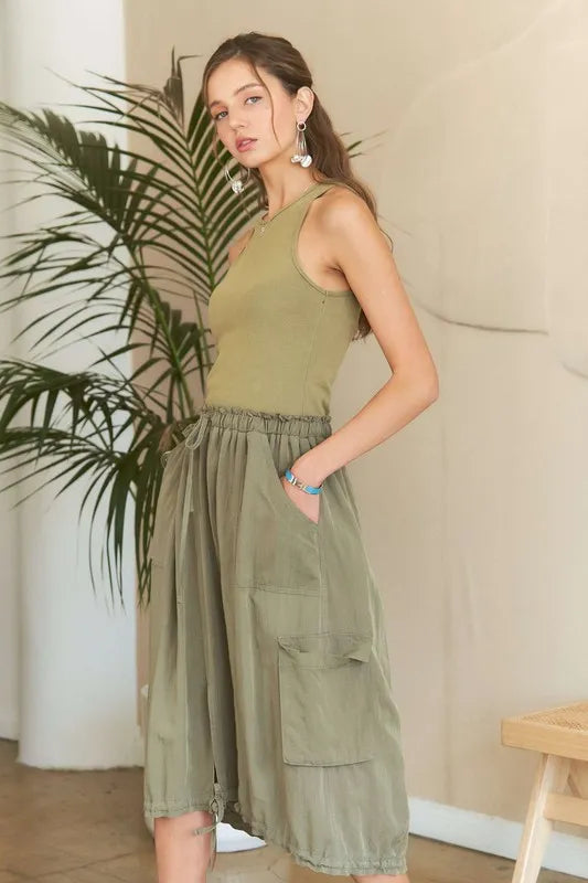 Drawstring Sleeveless Washed Dress - Lt Olive - product view 3