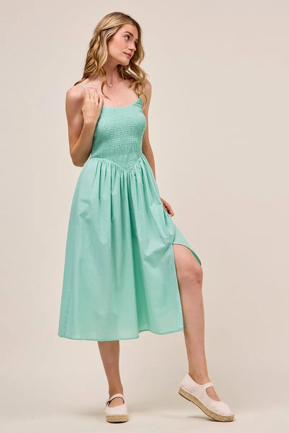Smocked Sleeveless Casual Everyday Dress With Slit - Sage - product view 1