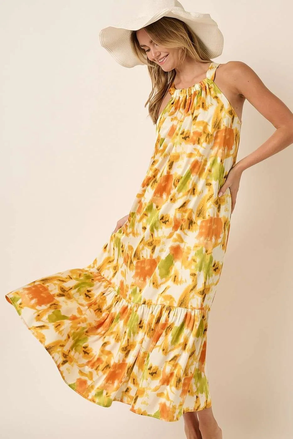 Watercolor Print Halter Neck Satin Maxi Dress in Orange - product view 5