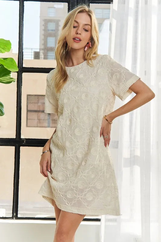 Applique Round Neck Short Sleeve Shift Dress in Beige - product view 1