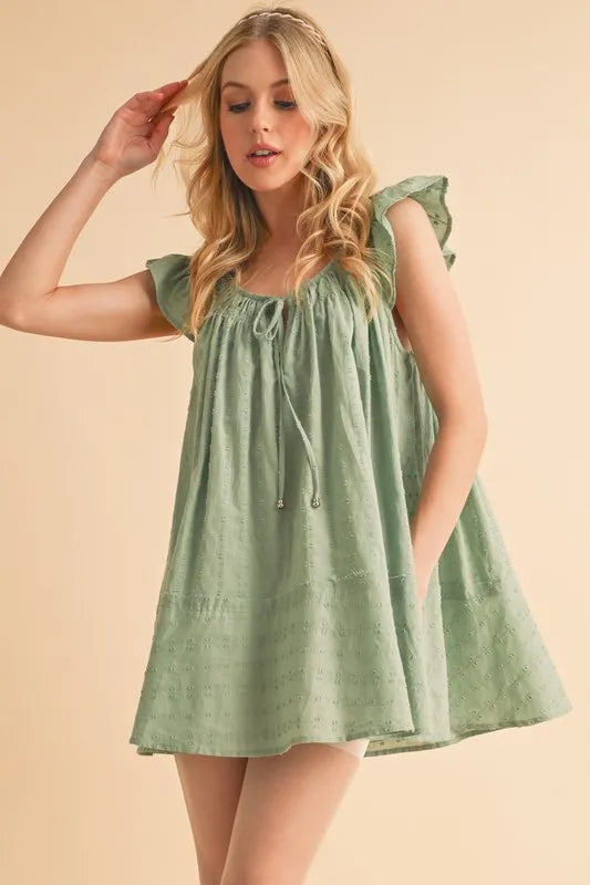 Ruffled Cap Sleeve Cotton Tunic Mini Dress in Pistachio - product view 1