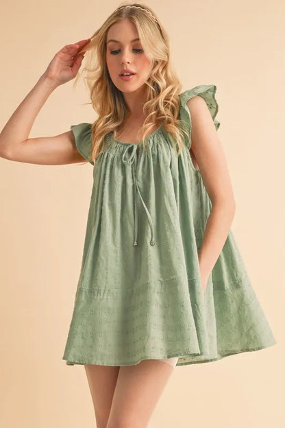 Ruffled Cap Sleeve Cotton Tunic Mini Dress in Pistachio - product view 1