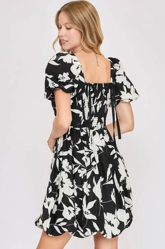 Full Size Two Tone Floral Print Babydoll Dress Plus Size in Black/White - product view 2