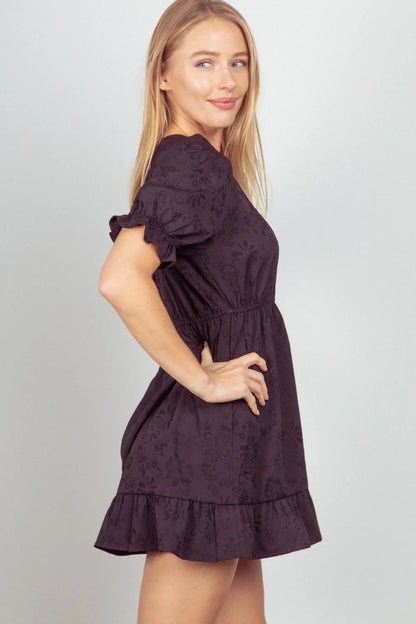 Floral Textured Woven Ruffled Mini Dress in Black - product view 3