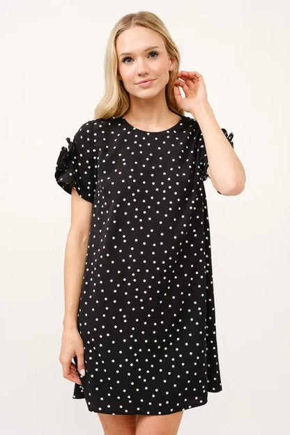 Embellished Sleeve Polka Dots Shift Dress in Black - product view 2