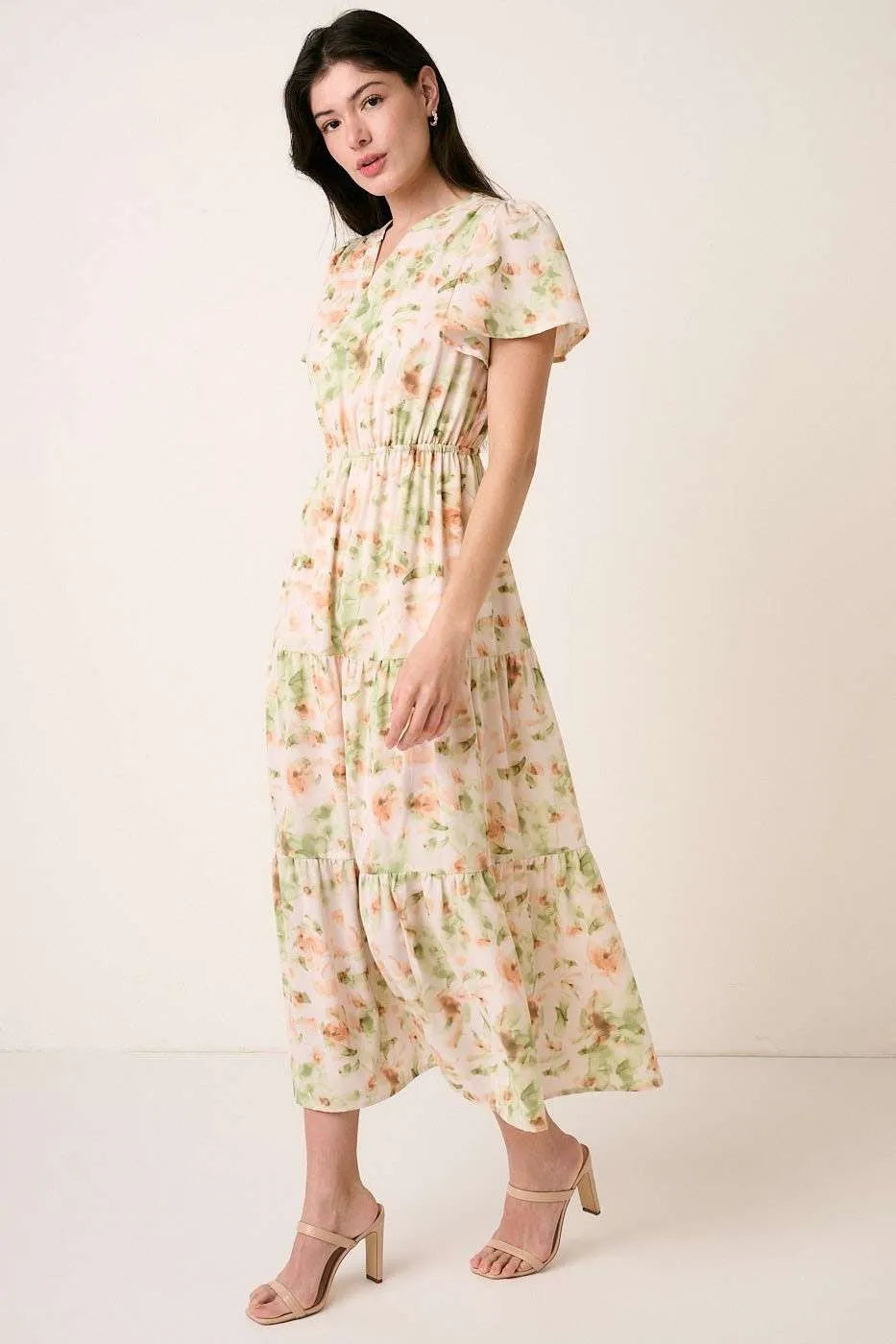 Flower Print Flutter Sleeve V Slit Maxi Dress - Sage - product view 4